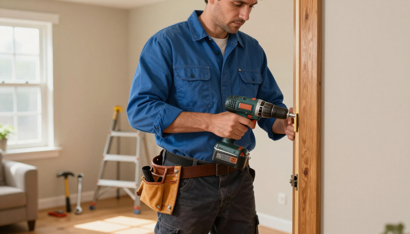 Person in blue shirt using a drill to install a door frame in a room under renovation