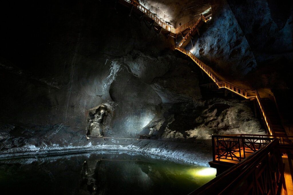 Staircase descent into Wieliczka Salt Mine — 380 steps down to the first level