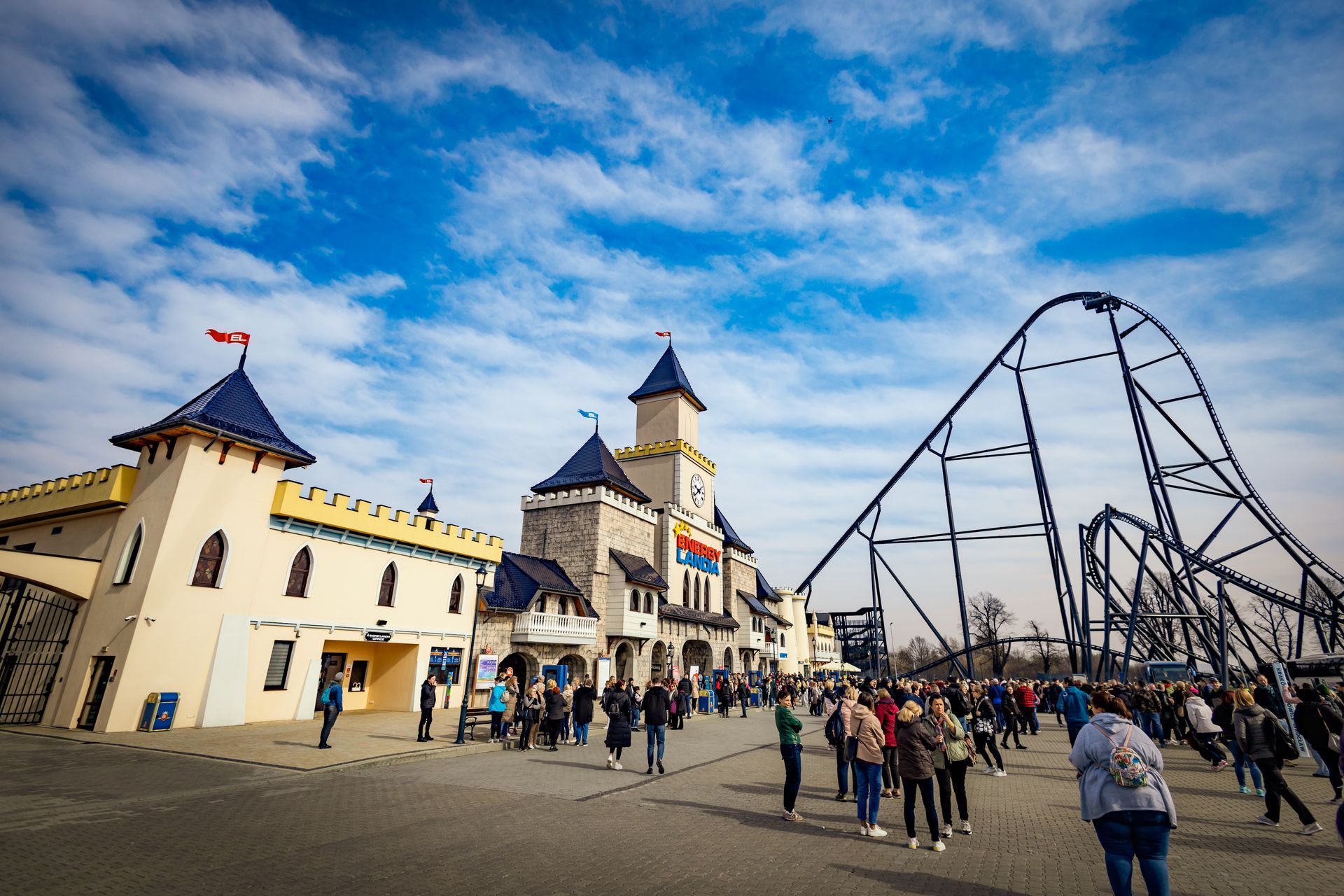 Energylandia castle zone — family attractions and fairy tale themed area Zator Poland