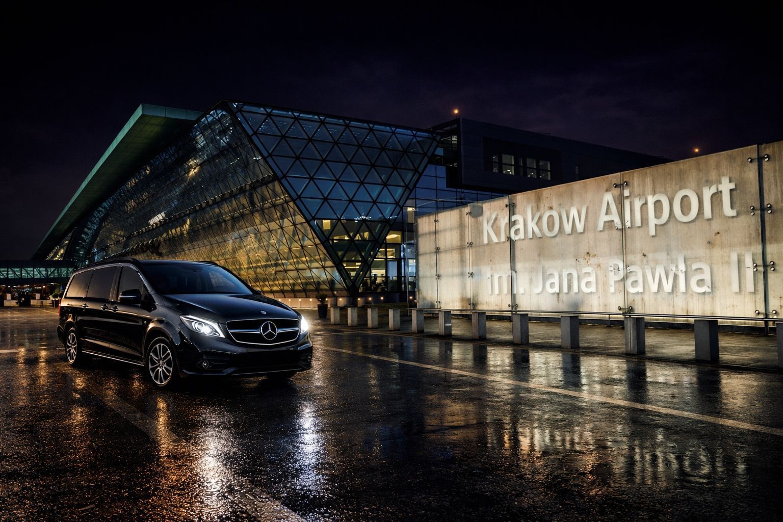 Krakow airport transfer — private van at KRK Balice Airport at night