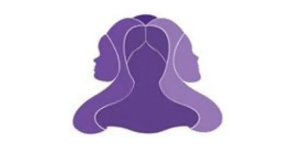 Une silhouette violette d'une femme à deux visages sur fond blanc.