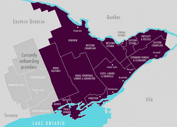 A map of ontario shows the provinces of eastern ontario and quebec
