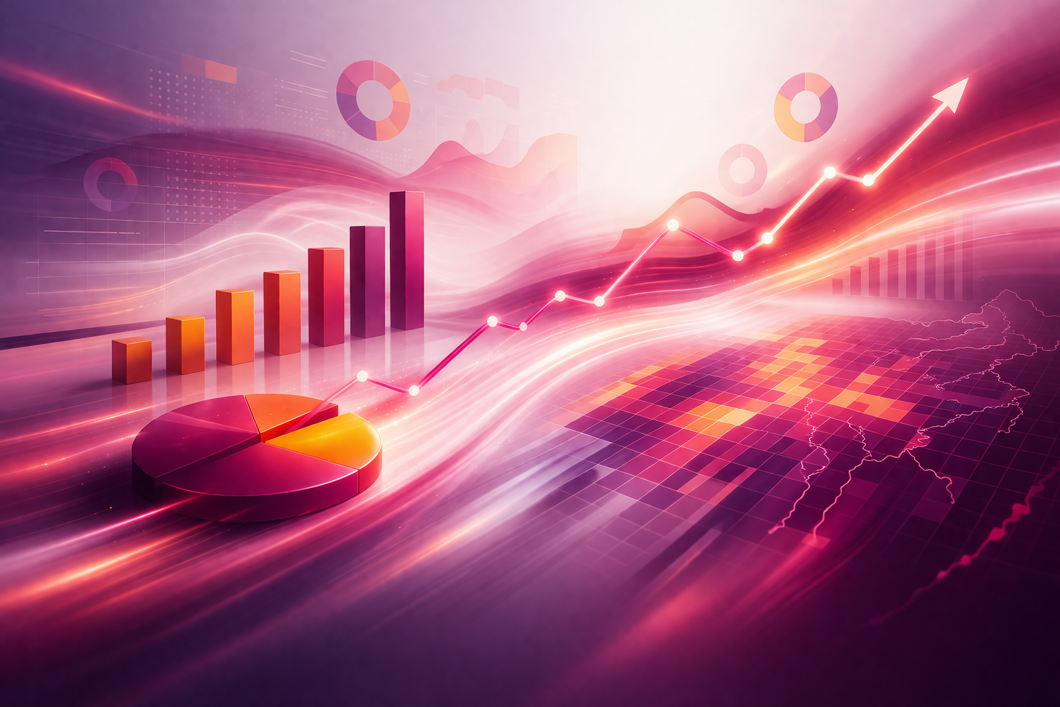 Pink abstract business growth chart with rising bars, upward arrow, and glowing motion streaks