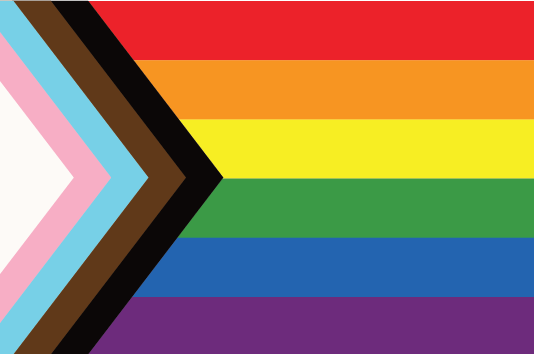 A rainbow flag with an arrow pointing to the right