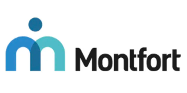 Le logo de Montfort est bleu et noir avec une personne au milieu.