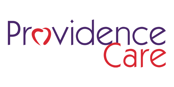 Le logo de Providence Care est violet et rouge sur fond blanc.