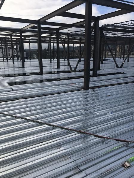 Metal rooftop with rows of black steel beams and reflective corrugated panels under an overcast sky