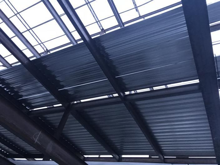 Skylight roof with metal beams and translucent panels