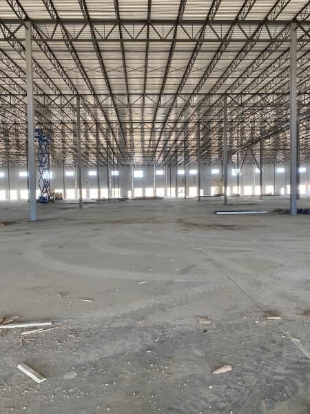 Empty industrial warehouse interior with steel columns, open floor, and rows of windows and trusses