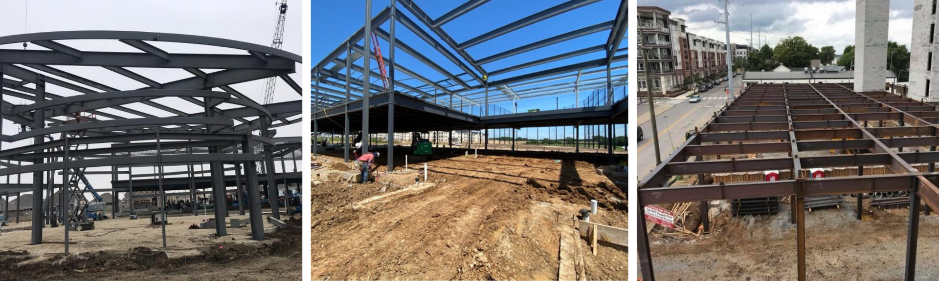 Steel building frames at different construction stages, including a roof skeleton and concrete columns.