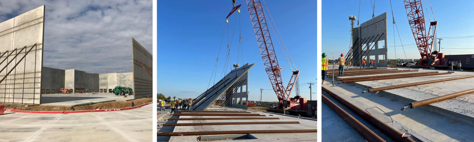 Construction site with steel frame building, concrete slabs, and cranes under a cloudy sky