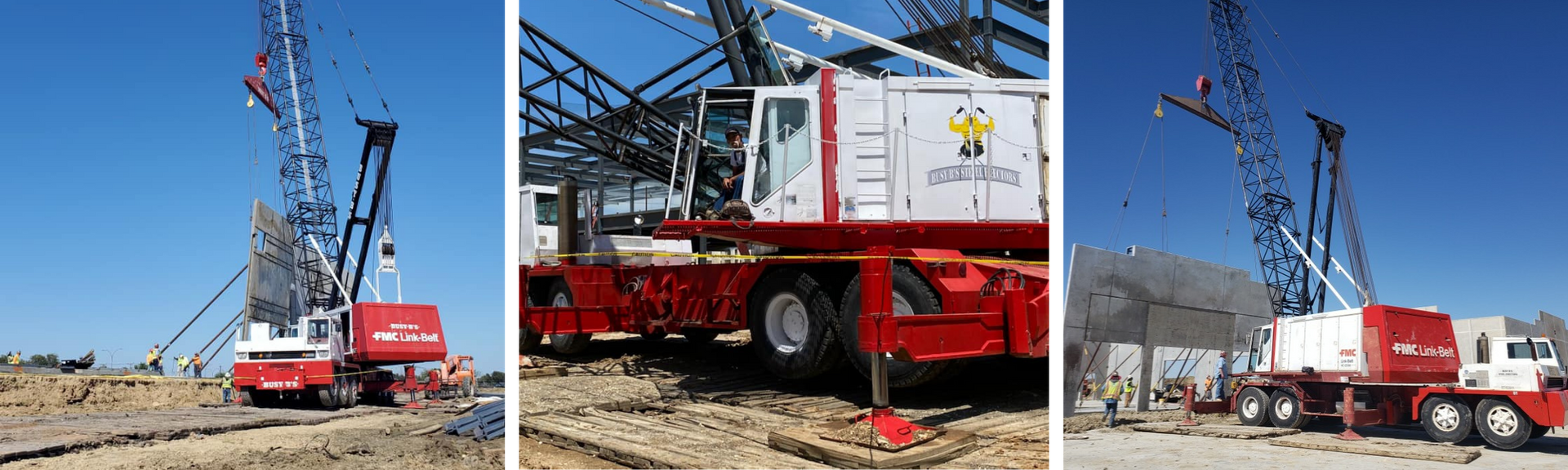 Red crane truck on a construction site under a partly cloudy sky