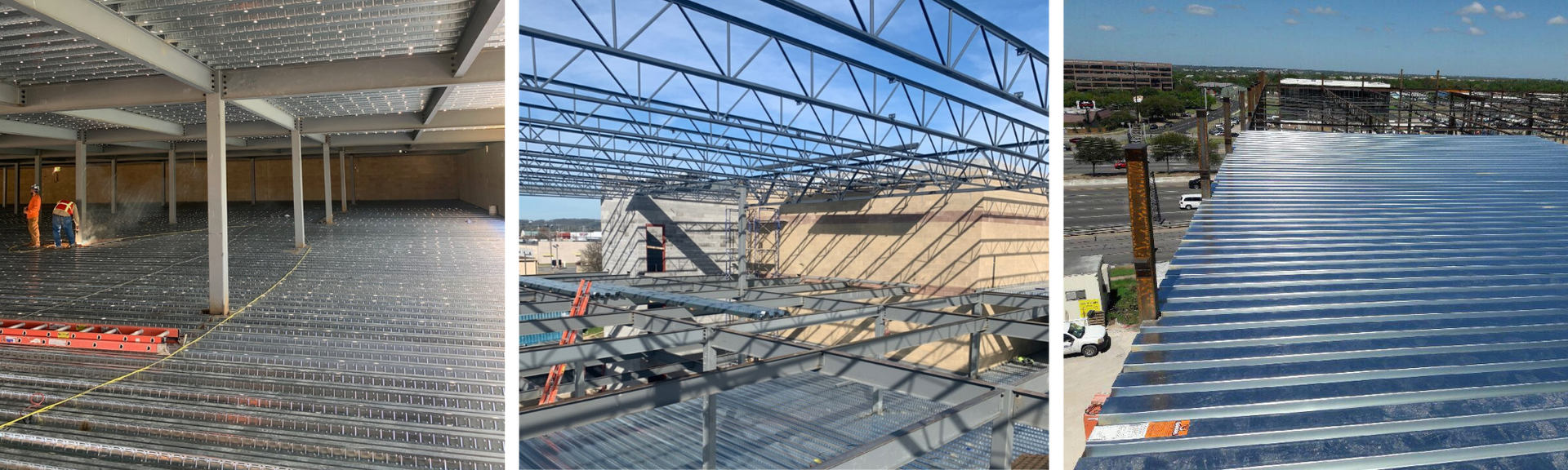 Three views of a building roof with construction damage, exposed beams, and blue metal panels.