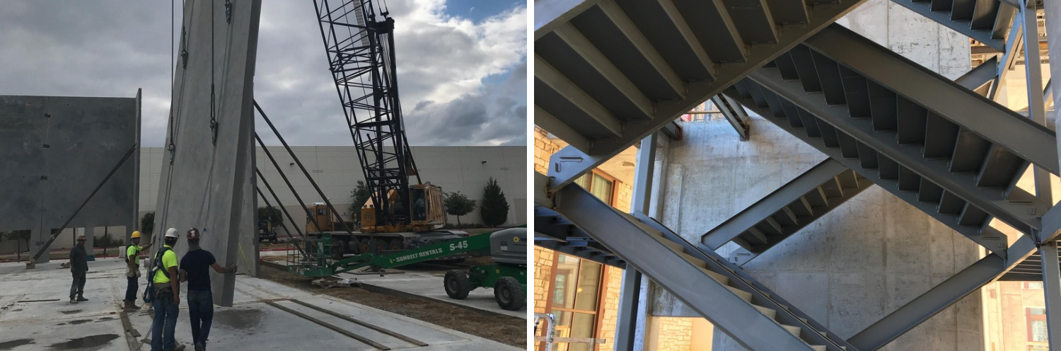Construction site with workers beside a large concrete structure and crane, plus a close-up of steel beams overhead