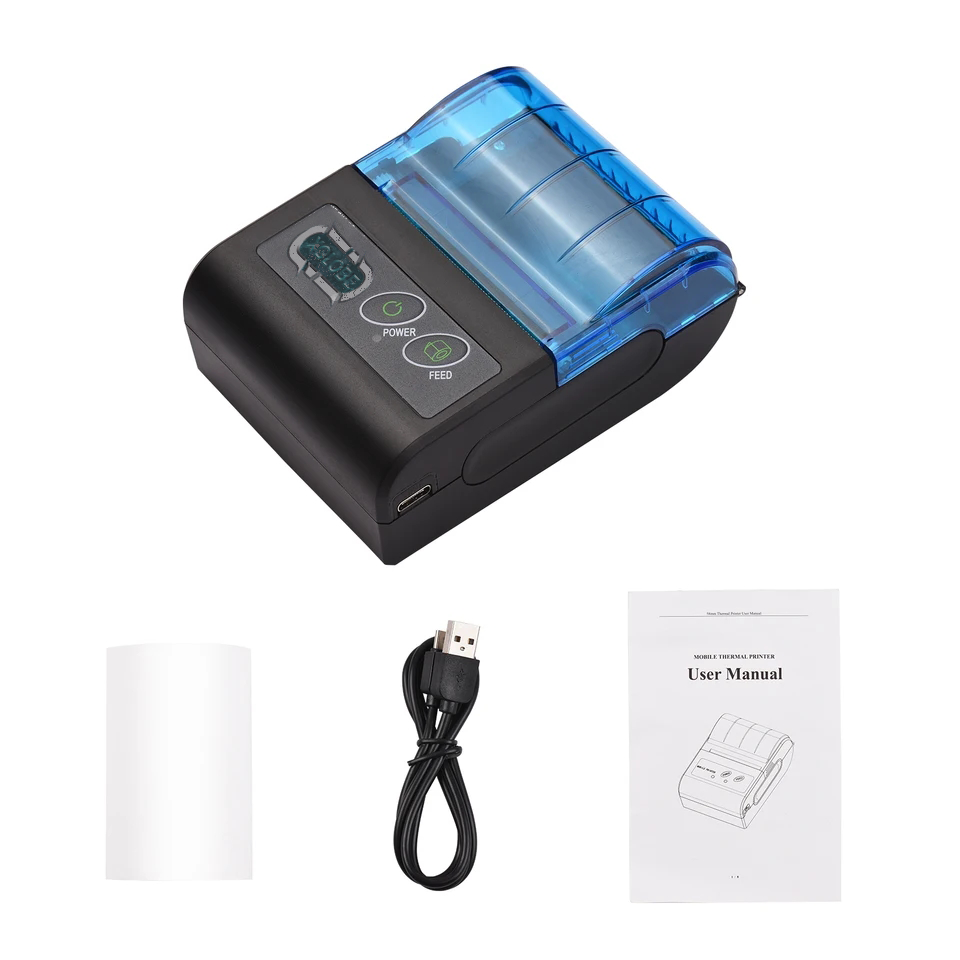 A portable printer with a usb cable and a manual.