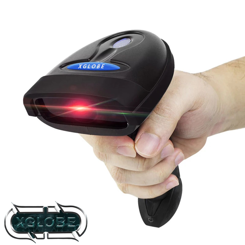A hand is holding a xglobe barcode scanner