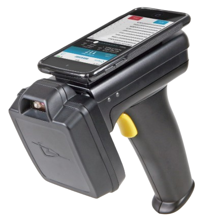 A cell phone is sitting on top of a barcode scanner