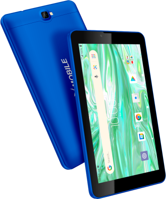 A blue tablet with the word mobile on the back