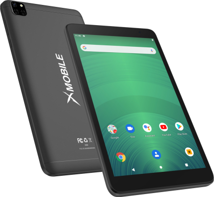 A black xmobile tablet with a green screen