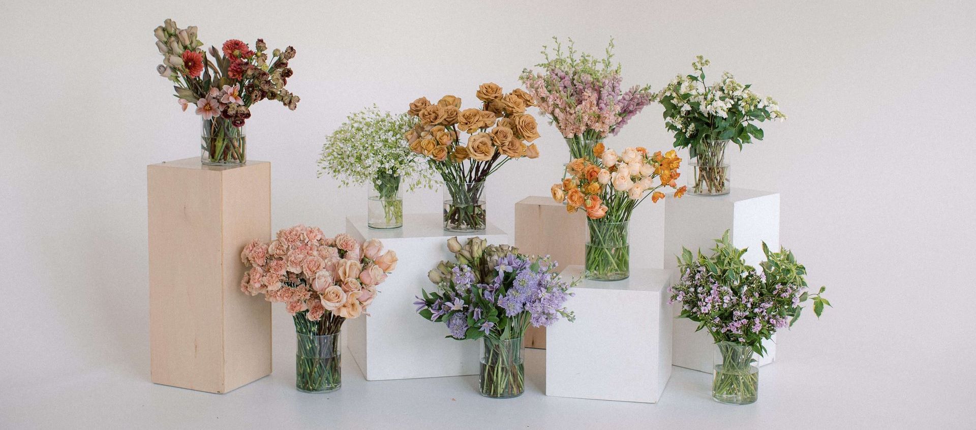 Arrangement of colorful flowers in glass vases on white platforms against a white wall.
