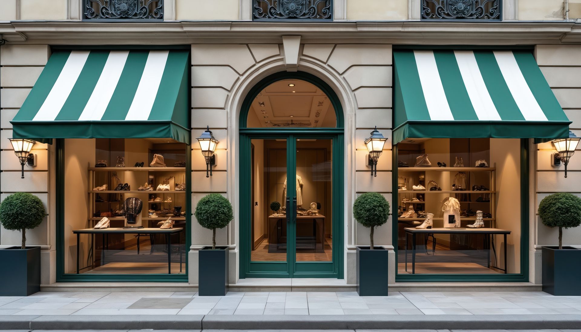 Storefront with green and white awnings, glass displays, and potted shrubs Storefront with green and white awnings, glass displays, and potted shrubs