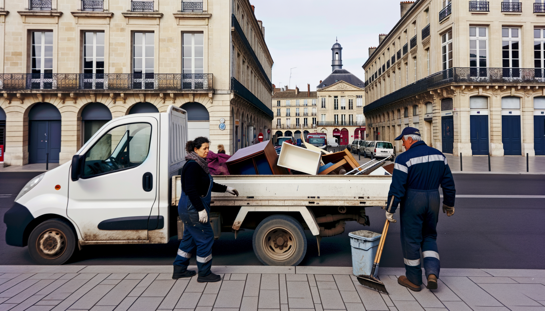 Deux ouvriers chargent un camion de déchets dans une rue. Des bâtiments bordent l'arrière-plan.