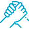 A blue icon of a hand holding another hand.