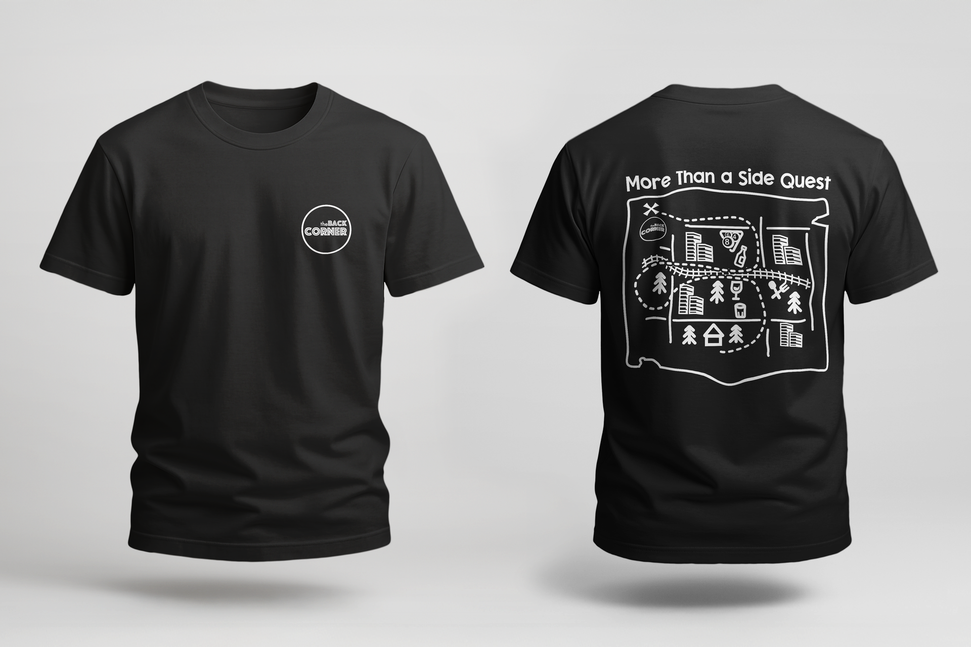 Black T-shirt mockup shown front and back, with small front logo and white graphic on the back.