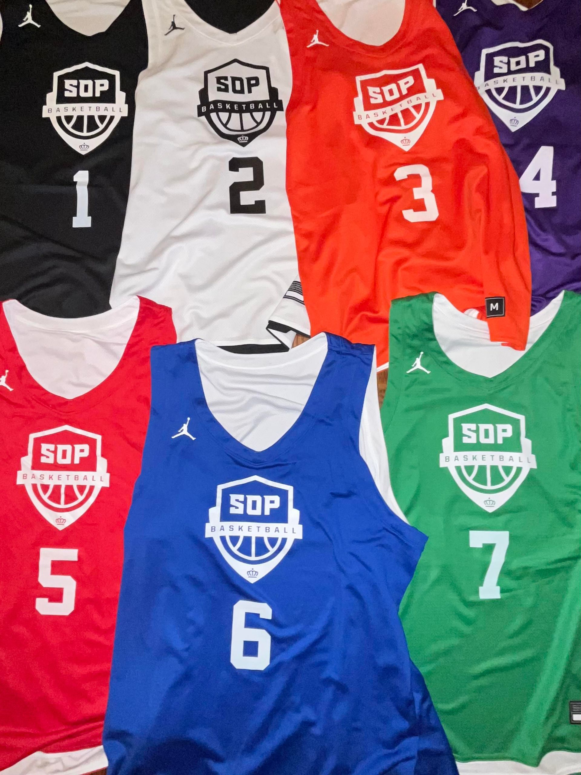 Seven colorful SGP athletic jerseys numbered 1–7 arranged in two rows.