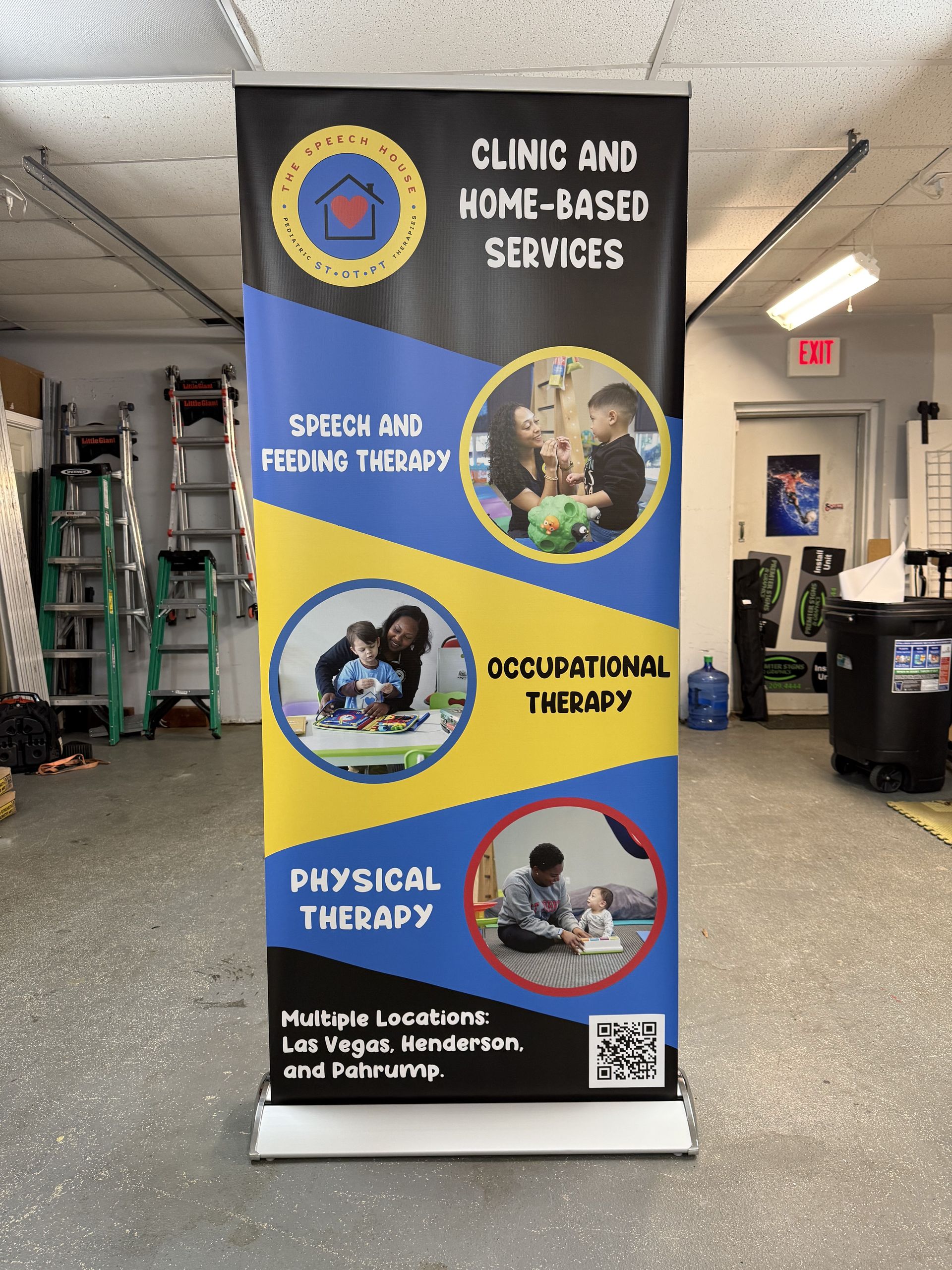 Banner for Elim Clinic and Home-Based Services in a hallway, listing speech, occupational, and physical therapy.