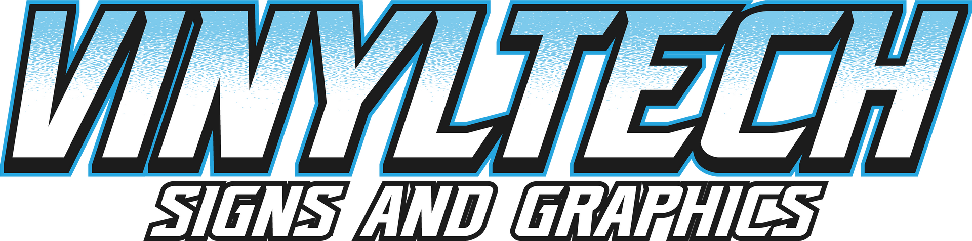 VinylTech Signs and Graphics logo in blue-gray italic text on a white background