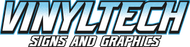 VinylTech Signs and Graphics logo in blue-gray italic text on a white background