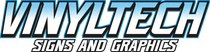 VinylTech Signs and Graphics logo in blue-gray italic text on a white background