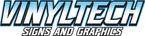 VinylTech Signs and Graphics logo in blue-gray italic text on a white background