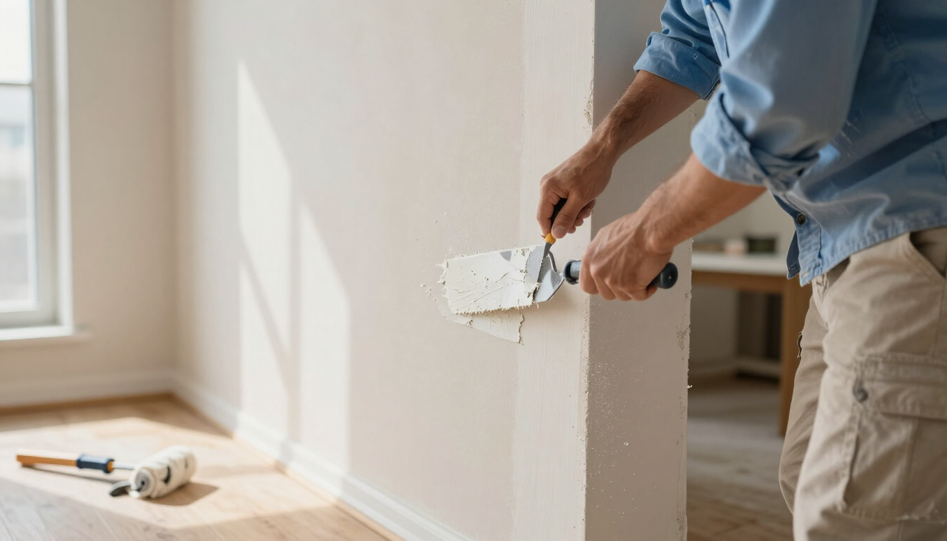 Person applying white paint or plaster to an interior wall with a putty knife