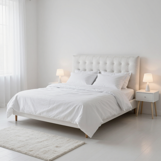 Bright white bedroom with tufted bed, bedside lamps, and a small rug near a window