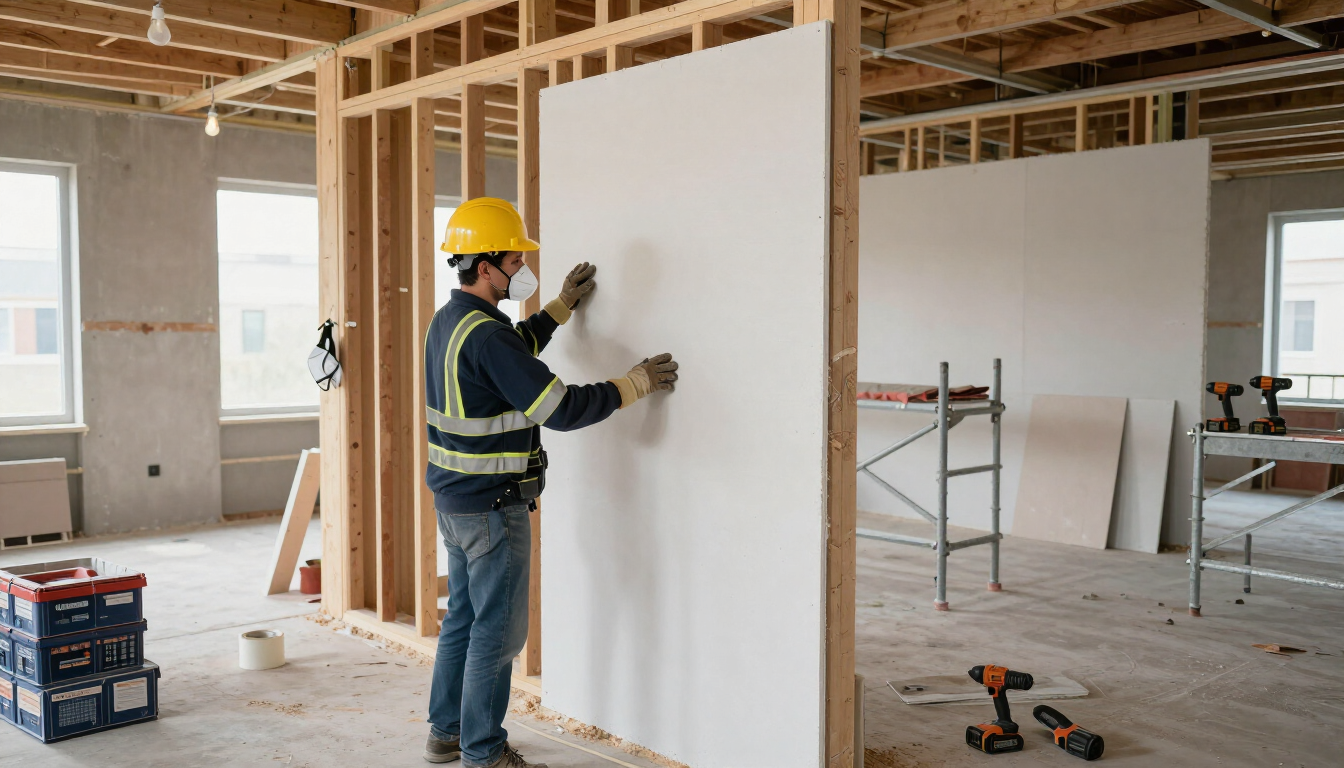 Worker in hard hat installing drywall in an unfinished room at a construction site