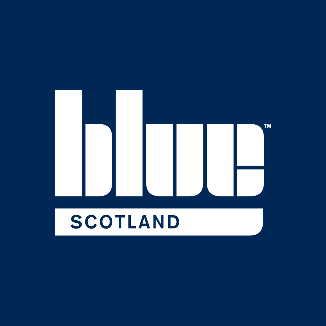 A blue and white logo for blue scotland