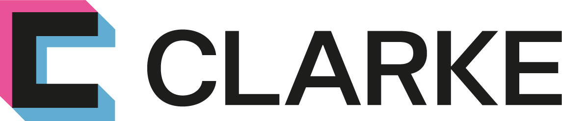 Logo for Clarke, featuring a stylized