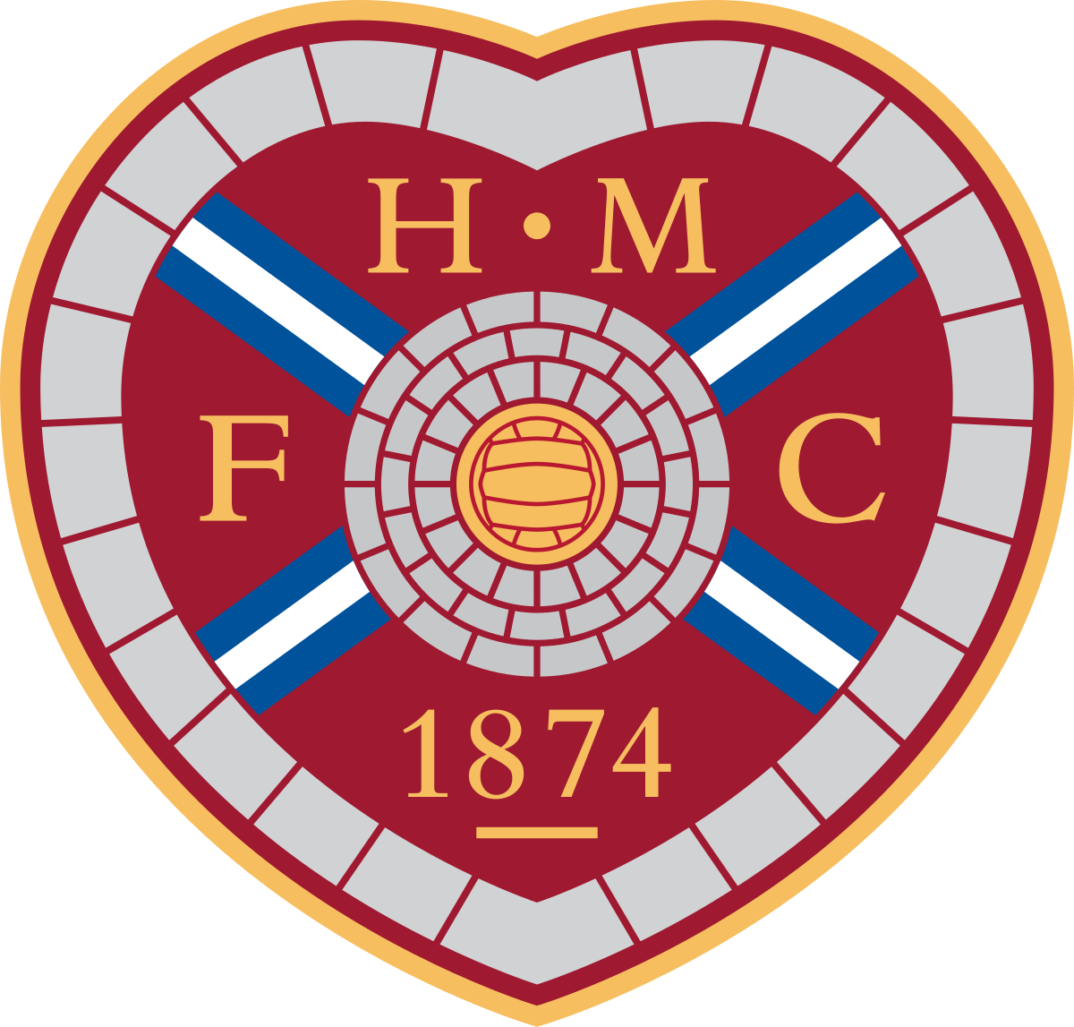 A heart shaped emblem that says hm f c 1874