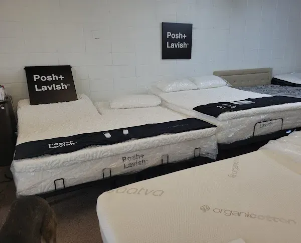 Mattresses on display in a showroom, including Posh Lavish and Pure Lavish models.