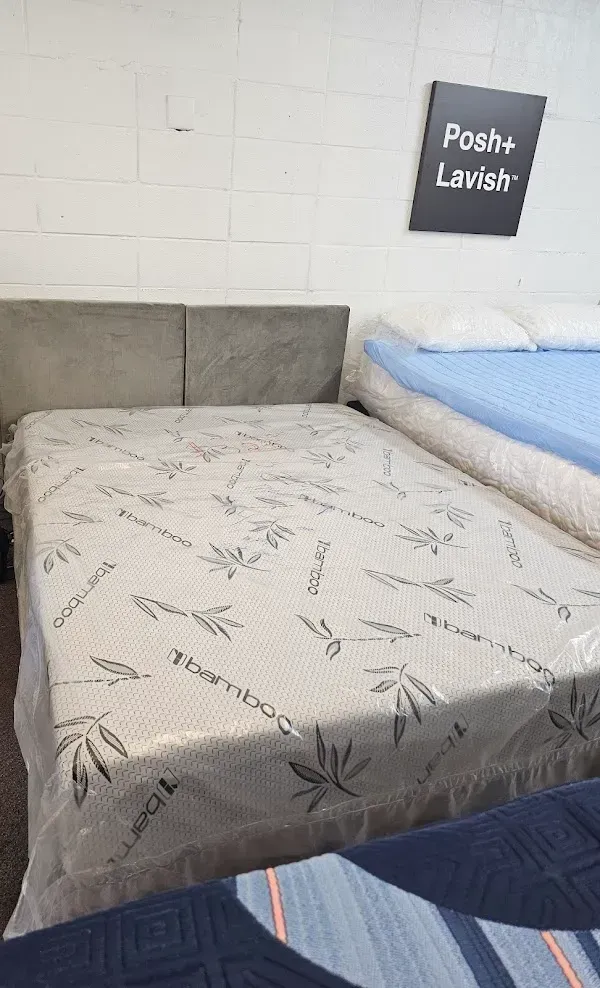 Small bedroom with a made bed, gray headboard, and a sign reading “Posit+ Levist” above the bed.