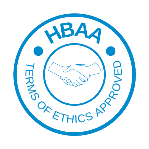 Blue HBAA logo: handshake symbol, 