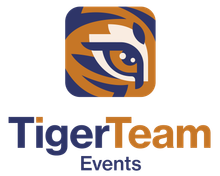 Tiger Team Events logo: stylized tiger head in orange and navy blue square. Text below: