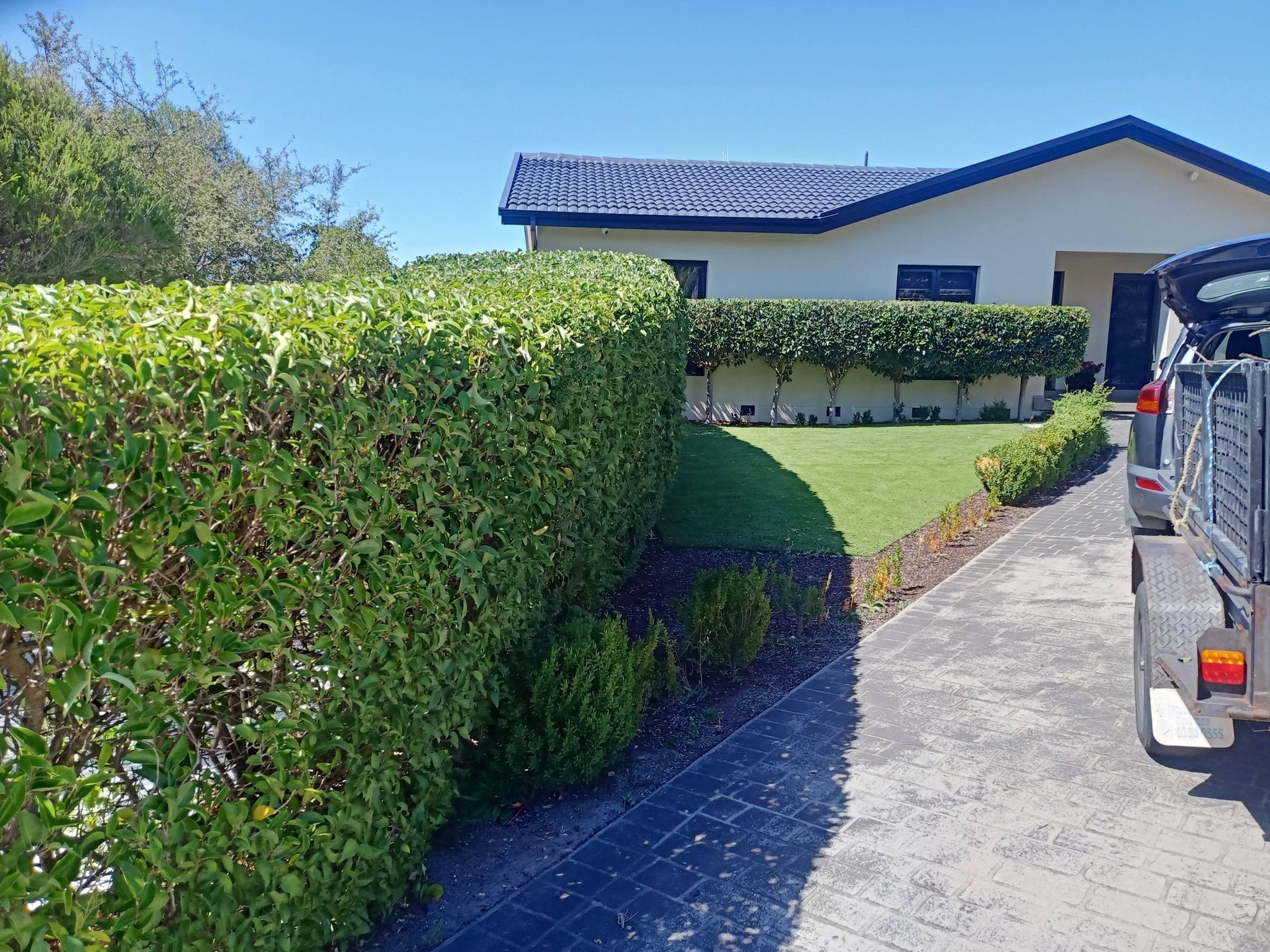A tall, manicured hedge lines a driveway leading to a light-coloured house with a dark roof under a clear blue sky. — Your Garden in Gungahlin, ACT