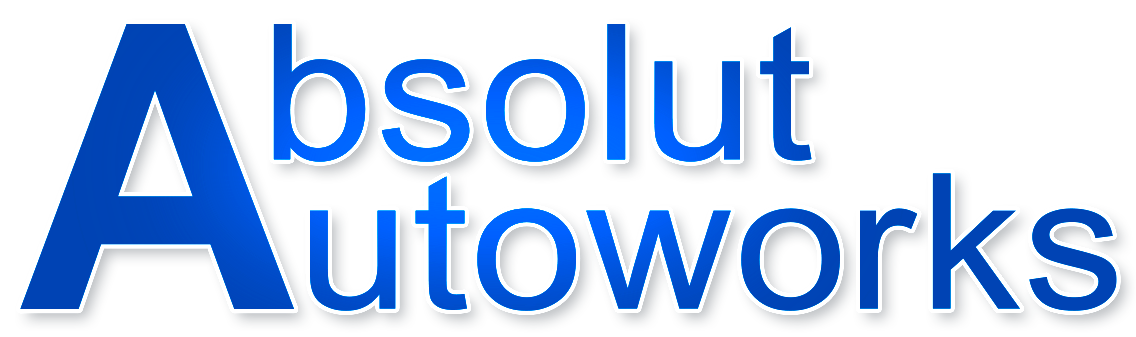A blue logo for absolut autoworks on a white background