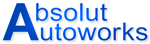A blue logo for absolut autoworks on a white background