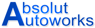 A blue logo for absolut autoworks on a white background
