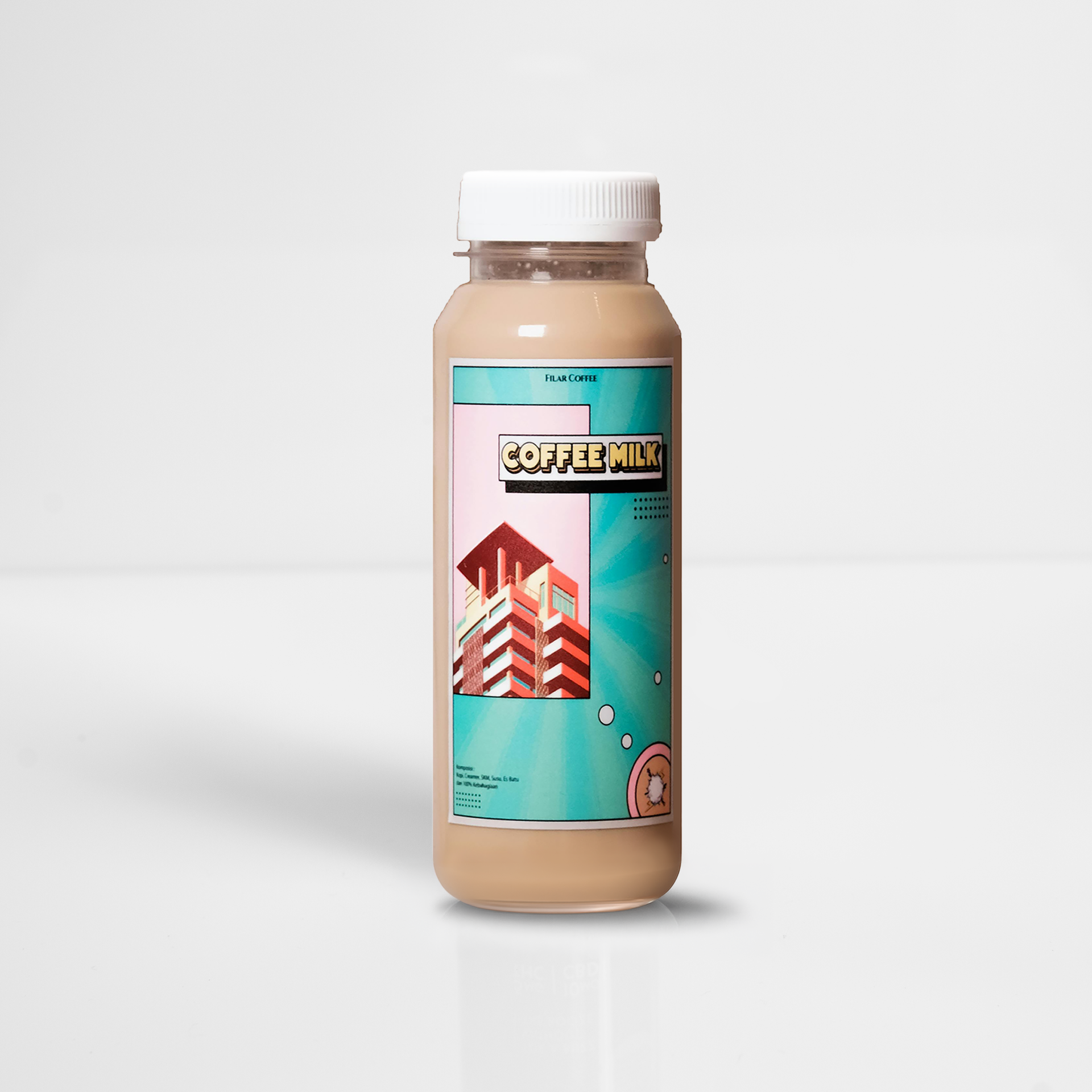 Bottle of coffee-flavored drink with turquoise label and white cap on a plain background