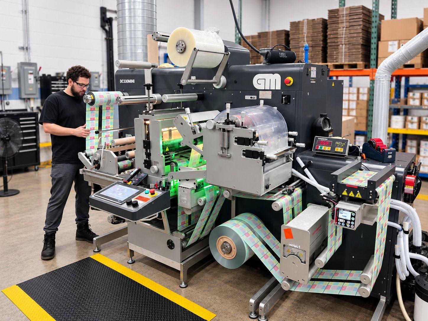 Worker operating industrial packaging machine in a warehouse with stacked pallets and cardboard boxes